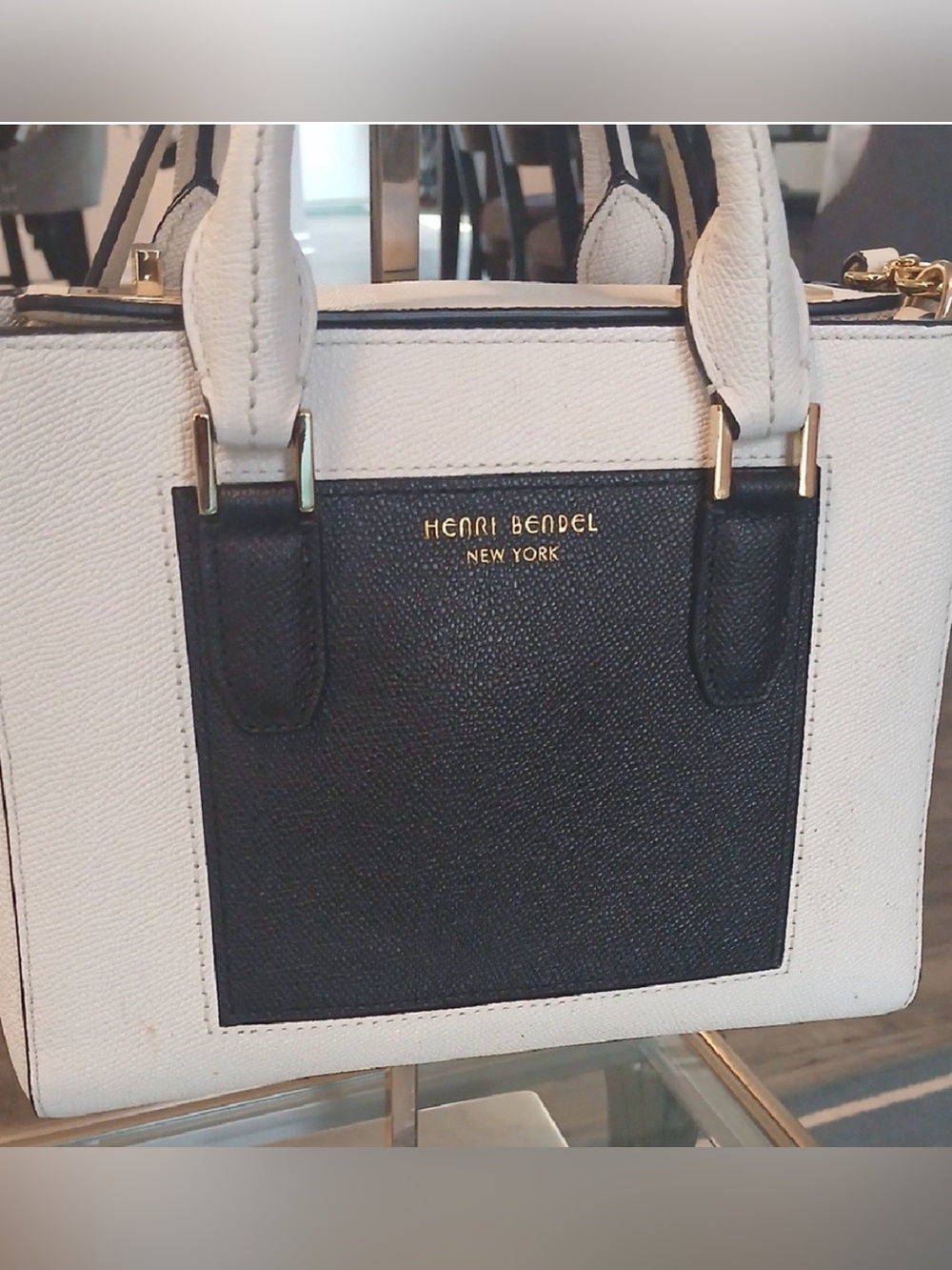 Henri Bendel White Black Mini Satchel Crossbody Gold Hardware - Picture 3 of 8